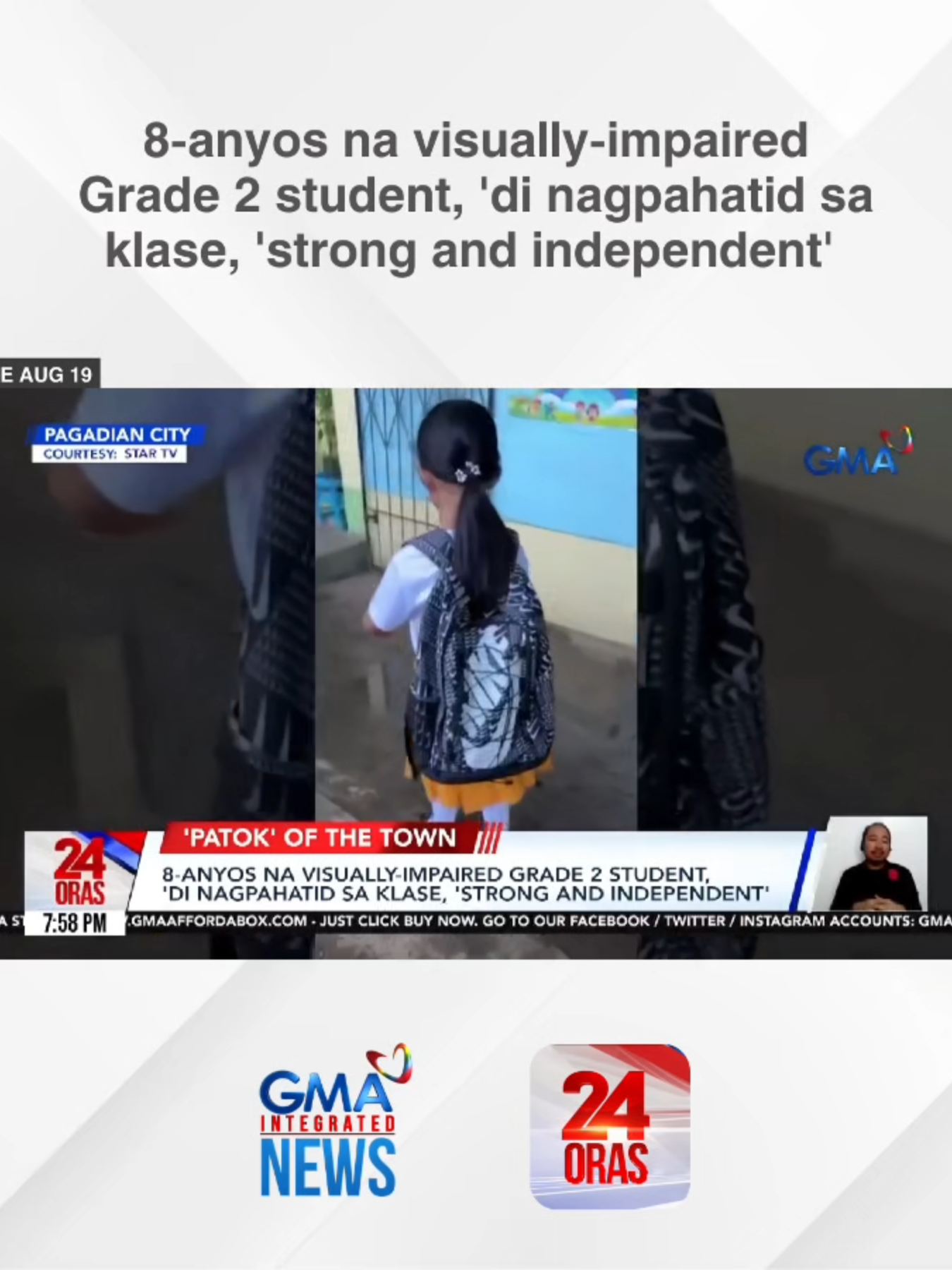 Milestone sa maraming kids ang maging strong and independent lalo ‘pag pumapasok sa school. Pero lalo naman ang nakilala nating walong taon gulang na bata sa Pagadian City. Hindi niya nakikita ang daan dahil sa kondisyon ng mata, pero keri na raw niya magpunta sa kanyang classroom. #24Oras #PatokOfTheTown