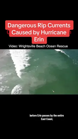 Hurricane Erin will bring dangerous conditions, including rip currents, to east coast beaches for the rest of this week. Wrightsville Beach Ocean Rescue in North Carolina shared this video showing rip currents on Monday caused by Erin. Wrightsville Beach Ocean Rescue rescued 60-70 people on Monday alone, and conditions in the water are only going to get worse as Erin moves past the east coast. It's critical to listen to local officials and follow all advisories at the beach. It could save your life. #hurricaneerin #ripcurrents #wrightsvillebeach 