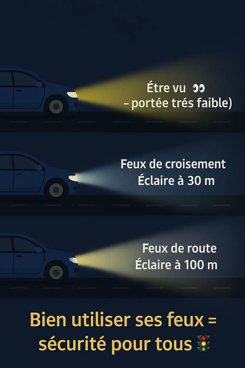 🚗💡 Savoir utiliser les feux d’une voiture est indispensable pour conduire en sécurité et réussir son code de la route. Voici la différence expliquée avec les distances 👇   --- 🔹 **Feux de position**   - Lumière faible.   - Sert à être vu, pas à voir.   - Portée très courte.   - Icône verte 🌿.   🔹 **Feux de croisement (codes)**   - Lumière moyenne, orientée vers le sol.   - Éclaire jusqu’à **30 mètres**.   - Utilisés en ville ou route éclairée.   - Icône verte inclinée vers le bas.   🔹 **Feux de route (phares)**   - Lumière forte, longue portée.   - Éclaire jusqu’à **100 mètres**.   - Utilisés hors agglomération, sur routes sombres.   - Icône bleue 🔵.   --- 🔥 **En résumé :**   - Position = être vu 👀   - Croisement = 30 m 🌆   - Route = 100 m 🌌   👉 Bien utiliser ses feux = protéger sa vie et celle des autres 🚦   #CodeDeLaRoute #AutoEcole #SécuritéRoutière #Voiture #conduite 
