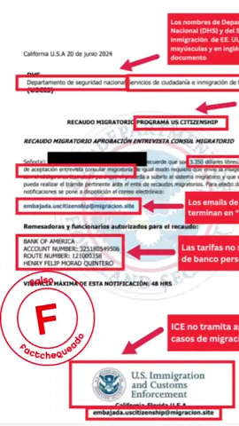¡CUIDADO CON LAS ESTAFAS MIGRATORIAS! 🚨 ¿Recibiste un documento sobre un proceso migratorio? Antes de confiar, revisa estas red flags que te pueden salvar de caer en una estafa: ❌ Firmado por un supuesto “cónsul de inmigración para América Latina” (ese cargo NO existe). ❌ Solicitan pagos por Zelle o cuentas personales (¡ilegal!). ❌ Documentos escritos en español o con errores ortográficos (USCIS solo se comunica en inglés). ❌ Logos falsos de ICE, DHS o USCIS. ❌ Tarifas que no coinciden con las oficiales (verifica aquí: uscis.gov/forms/filing-fees). ❌ Correos que terminan en “.site” y no en “.gov”. ✅ Verifica siempre que tu abogado esté licenciado. ✅ Consulta el estado de tu caso solo en fuentes oficiales. 📲 Si tienes dudas, envía el documento a nuestro WhatsApp +1 (646) 873 6087.