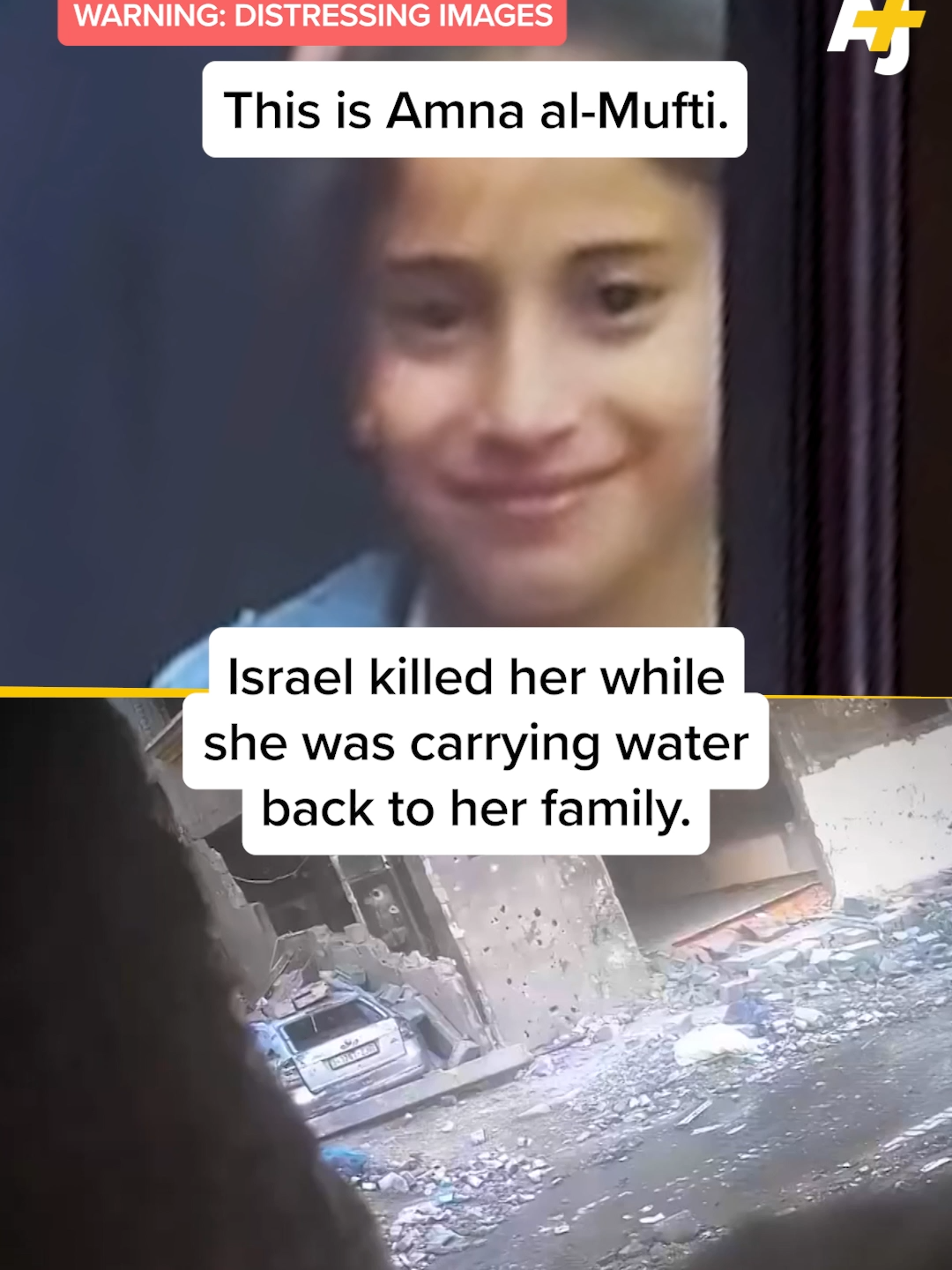 The father of 12-year-old Amna al-Mufti recognized his daughter in footage obtained by Al Jazeera, showing Israel killing her while she carried water for her family in December. #Gaza #Palestine #Jabalia #NorthernGaza #Israel