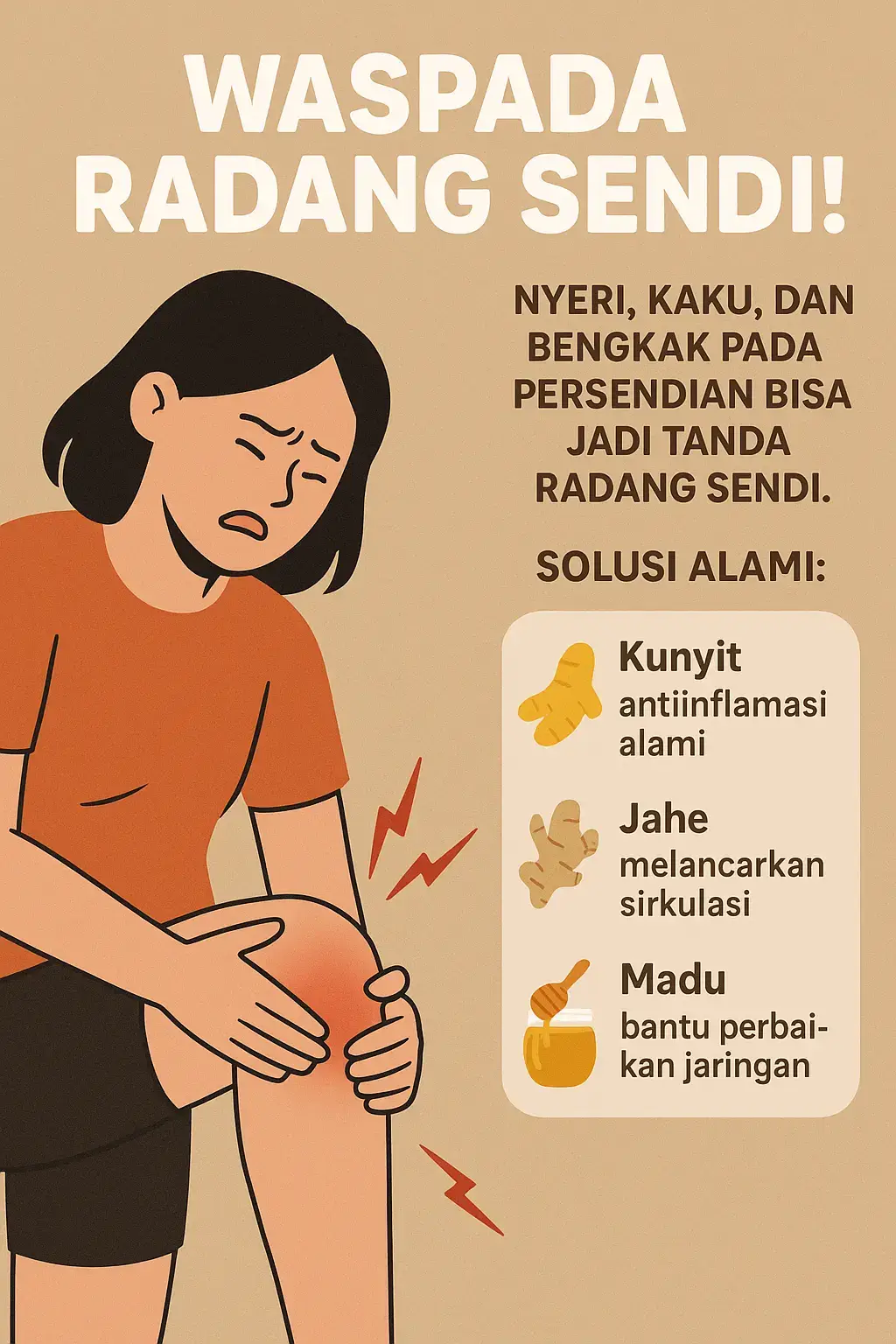 🔥 Radang Sendi Bikin Aktivitas Terganggu? Jangan biarkan nyeri mengendalikan hidupmu! 🌿 Jahe & kunyit bantu redakan peradangan secara alami 🍯 Madu murni memperkuat daya tahan tubuh 🍋 Sari lemon segarkan tubuh & bantu regenerasi sel 💪 Mulai rawat persendianmu dengan cara alami hari ini! #RadangSendi #SolusiAlami #HerbalHealing #KunyitJahe #SehatAlami 