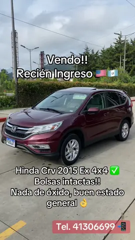 Vendo!!  ✅Honda Crv 2015 4x4 EX ✅Recien ingresada 🇺🇸 ✅Bolsas de aire intactas, se da vin  ✅Motor 2.4 4 cilindros  ✅Sistema Econ  ✅Transmisión Automática  ✅Tracción AWD  ✅Ninguna luz en el tablero  ✅Llave de presencia, arranque de boton ✅Sunroof  ✅Ac funcionando  ✅Pantalla HD con conexion Bluetooth  ✅Cámara de reversa y cámara lateral  ✅Asiento del piloto eléctrico  ✅Tapiceria de tela en perfecto estado  ✅Bien ajustada  ✅Aros rin 17  ✅Llantas en estado 8/10  ✅Todas sus alfombras completas y originales  ✅Kit de llanta completo  ✅Nada que invertirle o hacerle  ✅Nada picada, chasis limpio  Puede traer su mecánico a que la revise ⚙️ Calcomanía 2025, Papeles en orden lista para traspaso  *Precio negociable Más fotos o info. por mensaje o al 4130-6699 📲 #honda #hondacrv #hondacivic #hondalover #guatemala 