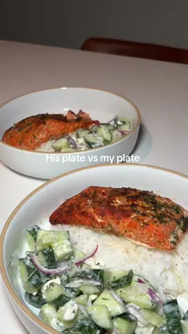 His plate vs. mine 🍋🐟🥒Citrus salmon + cucumber feta salad..chef’s kiss! #healthyrecipes #DinnerIdeas #highprotein #healthyfood #cooking 
