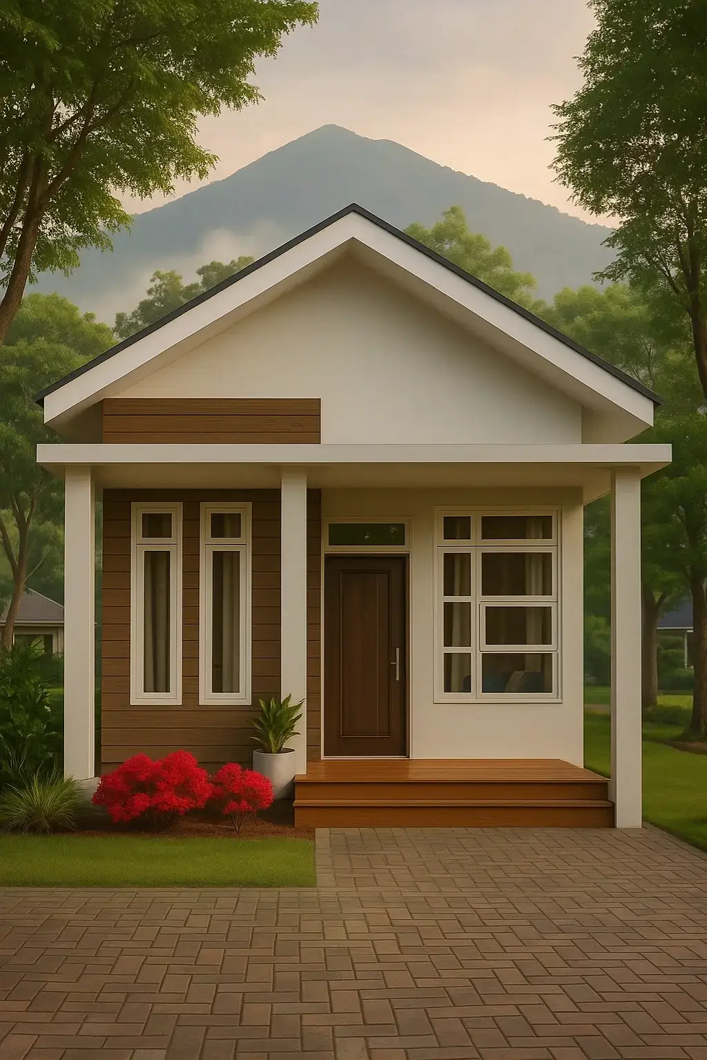 Inspirasi desain rumah 1 lantai minimalis dengan aksen kayu. #desainrumah #rumahimpian #rumahmodern 