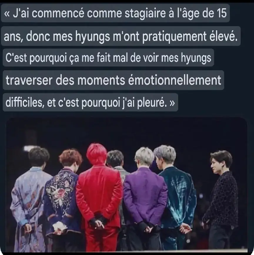 J'ai commencé comme stagiaire à l'âge de 15 ans, donc mes hyungs m'ont pratiquement élevé. C'est pourquoi ça me fait mal de voir mes hyungs traverser des moments émotionnellement difficiles, et c'est pourquoi j'ai pleuré. » #btsarmyforever #btsarmy #Kpop #jungkook #btsbighit_official 