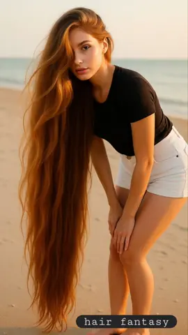 ✨ The golden hour makes every strand shine brighter ✨ Her hair dances in the sunlight, full of volume, softness, and beauty. A moment of elegance captured by the sea 🌊☀️💛 #HairFantasy #LongHairGoals #SunsetGlow #GoldenHourMagic #VoluminousHair        ⚠️ This video was created using AI