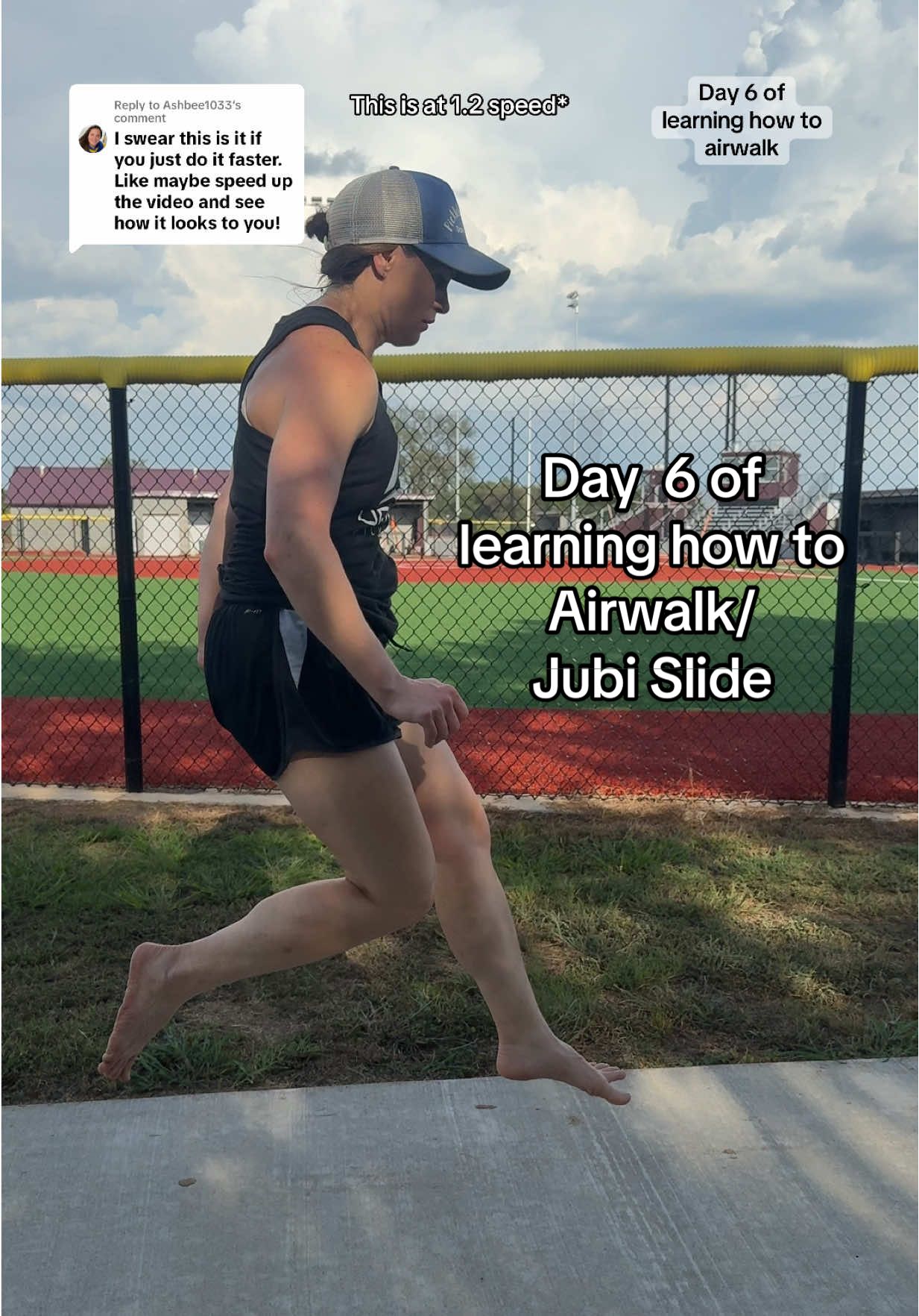 Replying to @Ashbee1033 Today I focused on jumping high off my back foot. A few people have asked to see it sped up so this is at 1.2x speed on TikTok. I didn’t have tennis shoes with me and my sandals didn’t work—so barefoot it is. #airwalking #airwalk #airwalkin #airwalklady #airwalker 