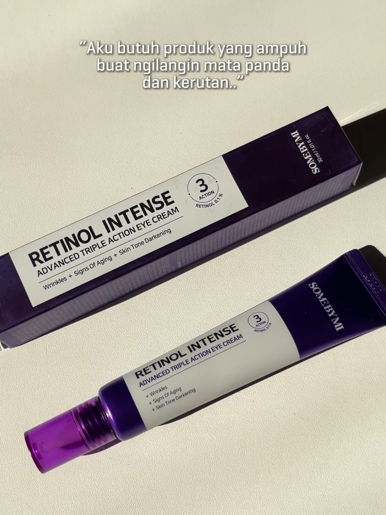 Under eye dark circles & fine lines? Same 😩 Tapi sekarang gak perlu sedih lagi, tinggal pakai: Some By Mi Retinol Intense Eye Cream! with triple retinol power buat bantu cerahin & halusin garis halus! #AntiAgingRoutine #EyeCream #SlowAging #RetinolBeginner #GentleButGlowing #KoreanRetinol #SkinGlowUp #KoreanGlow #SomeByMi #GlowWithSomeByMi  #SkincareEssentials #HealthyGlow #Kbeauty #SkincareRoutine #Beautytips