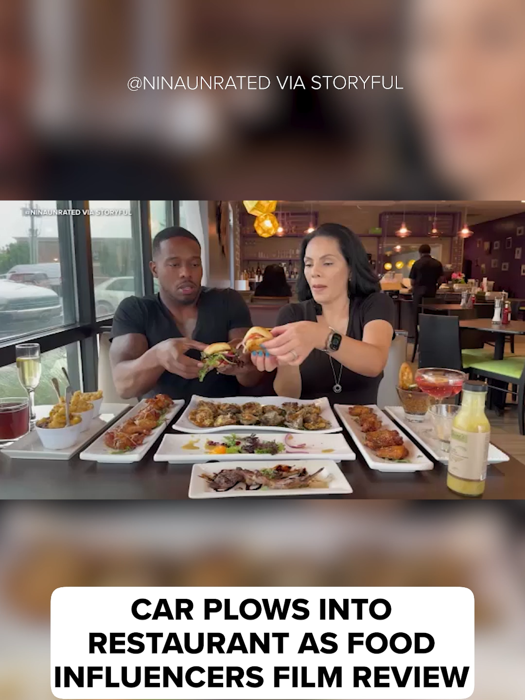 A pair of food influencers eating at a restaurant narrowly escaped serious injuries after a driver plowed through the restaurant window. #news #foodreview