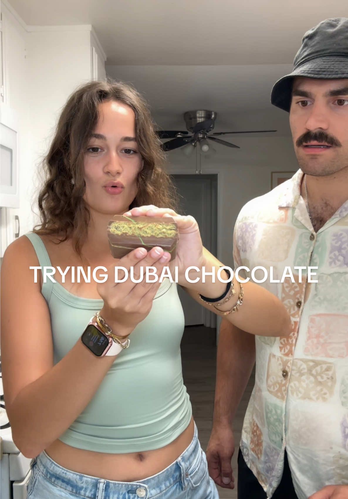 trying Dubai Chocolate for the first time!! 💚🍫 it’s expensive but I think it’s worth it #dubai #dubaichocolate #dubaichocolatebar 