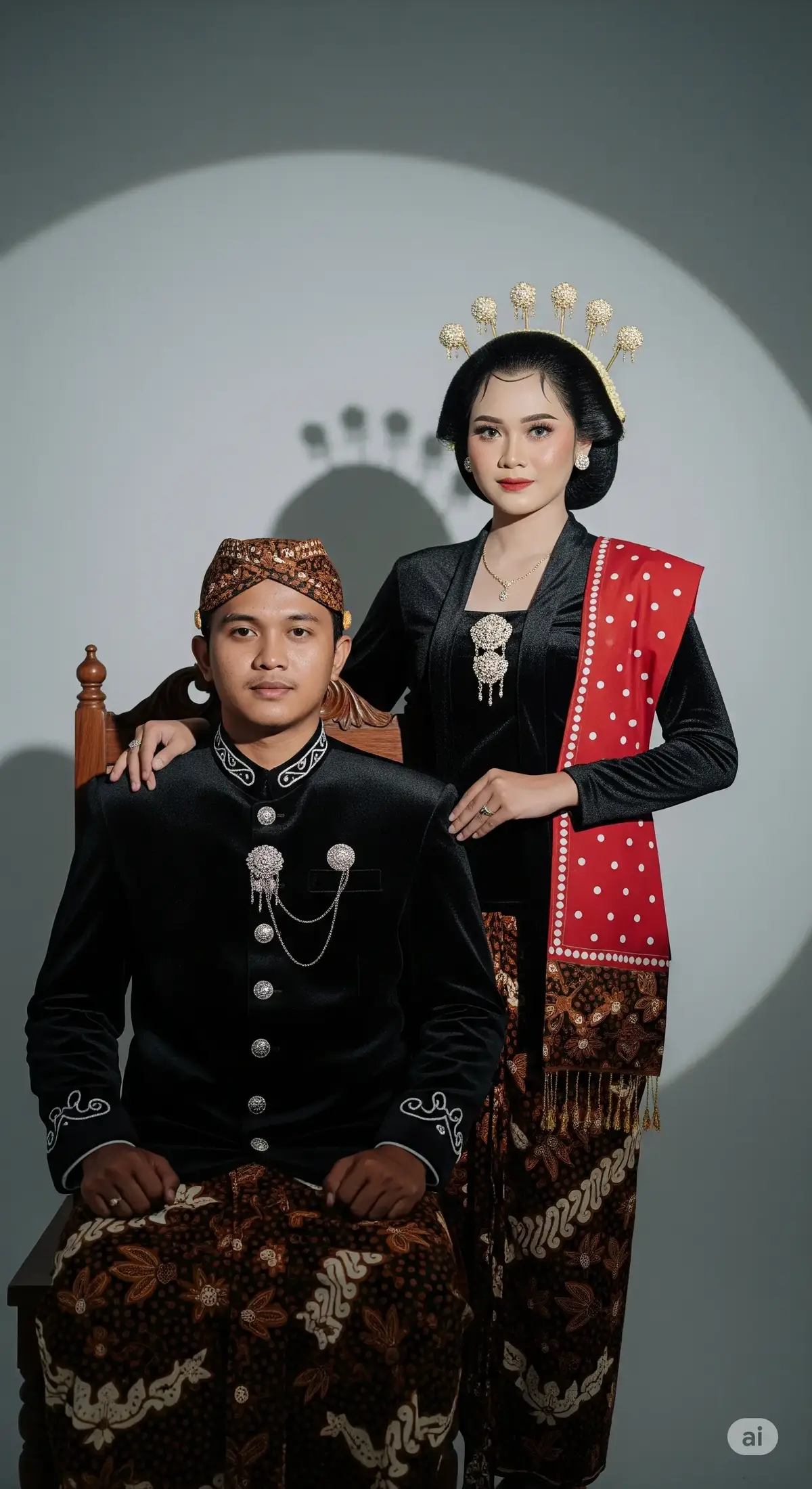 ai prompt: A full-body vertical portrait in 9:16 format of a Sundanese couple in their late 20s, photographed indoors in a studio setting. The man is sitting on a traditional wooden chair, while the woman stands gracefully beside him, resting one hand on the chair. Both have fair Sundanese facial features. The man wears a black velvet beskap top with silver button details and a decorative chain, paired with a brown batik jarik cloth with parang motif. He also wears a blangkon headpiece in matching batik pattern. His expression is calm and dignified. The woman wears a black velvet kebaya paired with a brown batik jarik cloth in the same motif. She has a red selendang with white batik dots draped over her shoulder. Her hair is styled in a neat bun adorned with two golden hairpins (tusuk konde), without additional Javanese wedding accessories like paes or jasmine flowers. She wears subtle gold jewelry including a necklace and earrings, with natural makeup emphasizing red lips. The studio background is plain and softly lit, with a circular spotlight effect highlighting the couple in the center, creating a dramatic vignette around them. Lighting is focused from the front with soft shadows, producing a clean and elegant portrait. The atmosphere is formal, traditional, and artistic, with no additional props other than the chair. The photo has a cinematic tone with high contrast, minimal filters, and a slightly warm color balance. #fffffffffffyyyyyyyyyyypppppppppppp #fypシ゚viral #prewedding #jasaeditfoto 