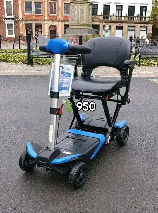 Hey  friends I got this   Smarti Folding Mobility Scooter and it has the following key specifications:    Price  💲950 Folding Mechanism: Automatic folding with remote control. Speed: Top speed of 4 mph. Range: Up to 9 miles (approximately 15 km) on a single charge. Weight: Approximately 27.3 kg (including the battery). Weight Capacity: Maximum user weight of 21 stone (approximately 133 kg). Battery: Powered by an ultra-light lithium-ion battery pack. Dimensions (Folded): L 46cm x W 46cm x H 63cm. Dimensions (Unfolded): L 96cm x W 46cm x H 88cm. Features: Electromagnetic brakes, rear suspension (on Smarti PLUS), speed dial control, available in red or blue. Optional Extras: Rear seat bag, off-board charging dock, armrests. Message me privately if interested