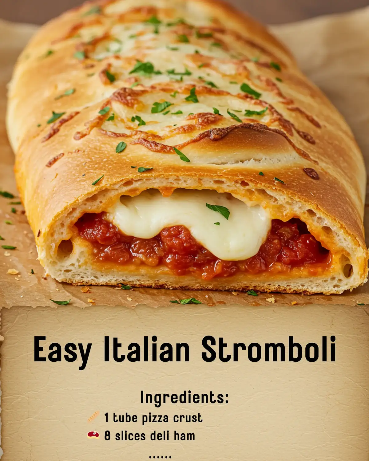 🛒 Ingredients:   🥖 1 tube pizza crust   🥩 8 slices deli ham   🥩 10 slices Genoa salami   🥩 12 slices sandwich pepperoni   🧀 8 slices provolone or mozzarella (or shredded)   🧈 2 tbsp butter   🧄 2 garlic cloves, minced   🌿 2 tsp chopped parsley   🧀 3 tbsp Parmesan cheese   👩‍🍳 Instructions:   1️⃣ Preheat oven → follow pizza dough package.   2️⃣ Make garlic butter: melt butter + garlic + parsley + Parmesan.   3️⃣ Stretch pizza dough on parchment-lined baking sheet.   4️⃣ Layer ham, salami, pepperoni & cheese 🧀🥩.   5️⃣ Roll lengthwise → seal seam & tuck ends.   6️⃣ Score top with knife → brush with garlic butter.   7️⃣ Bake as directed until golden & bubbly.   🔥 Pro tip: Serve with marinara or ranch for dipping! 🍅✨   👇 Who would you share this Stromboli with? Tag them!   💾 Save this recipe for later & share with your foodie friends!   #ItalianFood #Stromboli #EasyDinner #CheeseLovers #ComfortFood 