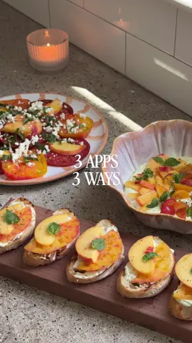 Three apps using peaches, tomatoes, basil and feta! #appetizers #snacks #Summer #hosting 