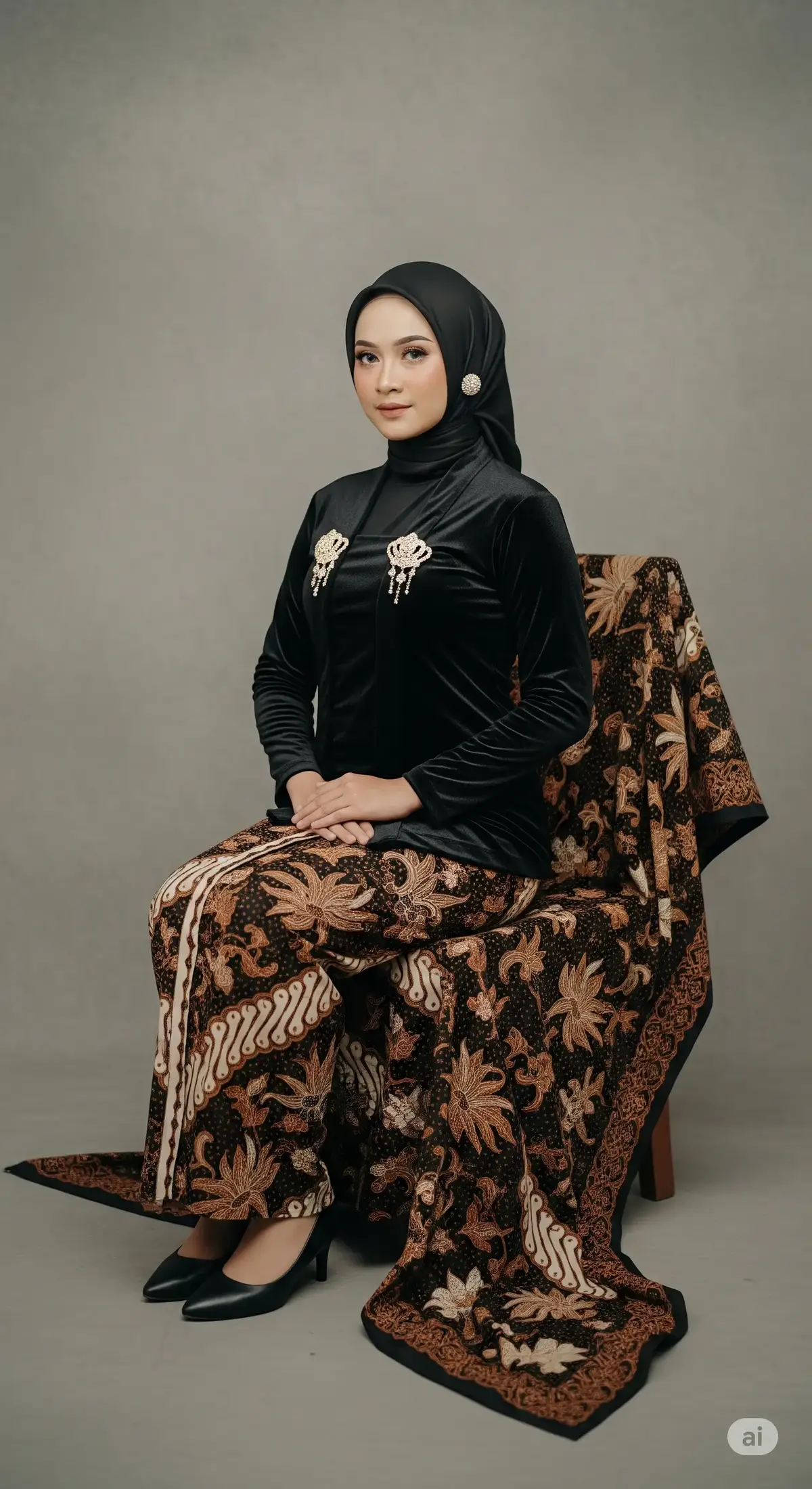 ai prompt: A full-body portrait in 9:16 format of a petite young adult Sundanese woman in her late 20s, weighing around 48 kg and 153 cm tall. She is sitting gracefully on a traditional batik-covered wooden chair, posed slightly sideways to the left with her body angled elegantly, while her face looks forward toward the camera. Her hands rest neatly on her lap in a refined manner. She wears a traditional black velvet kebaya, tailored slim to her small figure, paired with a batik kain extending fully to her ankles, featuring rich parang and kawung motifs in brown, black, and cream tones. A sleek satin black hijab frames her soft Sundanese facial features, styled neatly with no loose ends. Accessories include crown-shaped gold brooches (