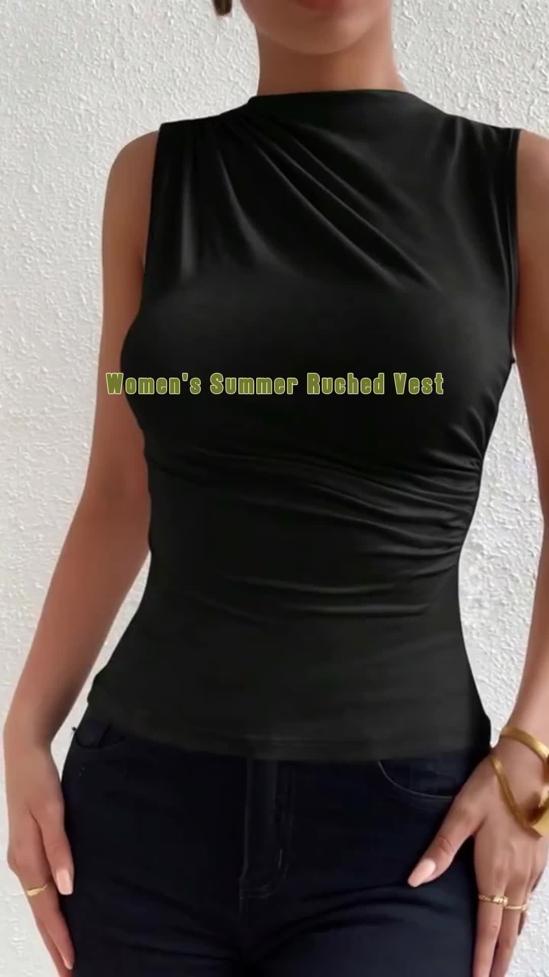 Women's Summer Ruched Stand Collar Vest #tanktop #tanktops #vnecktops #tanktopoutfit #summertanktops #menstanktops #shapeweartanktop #womenstanktop #basictanktop #orangetanktop