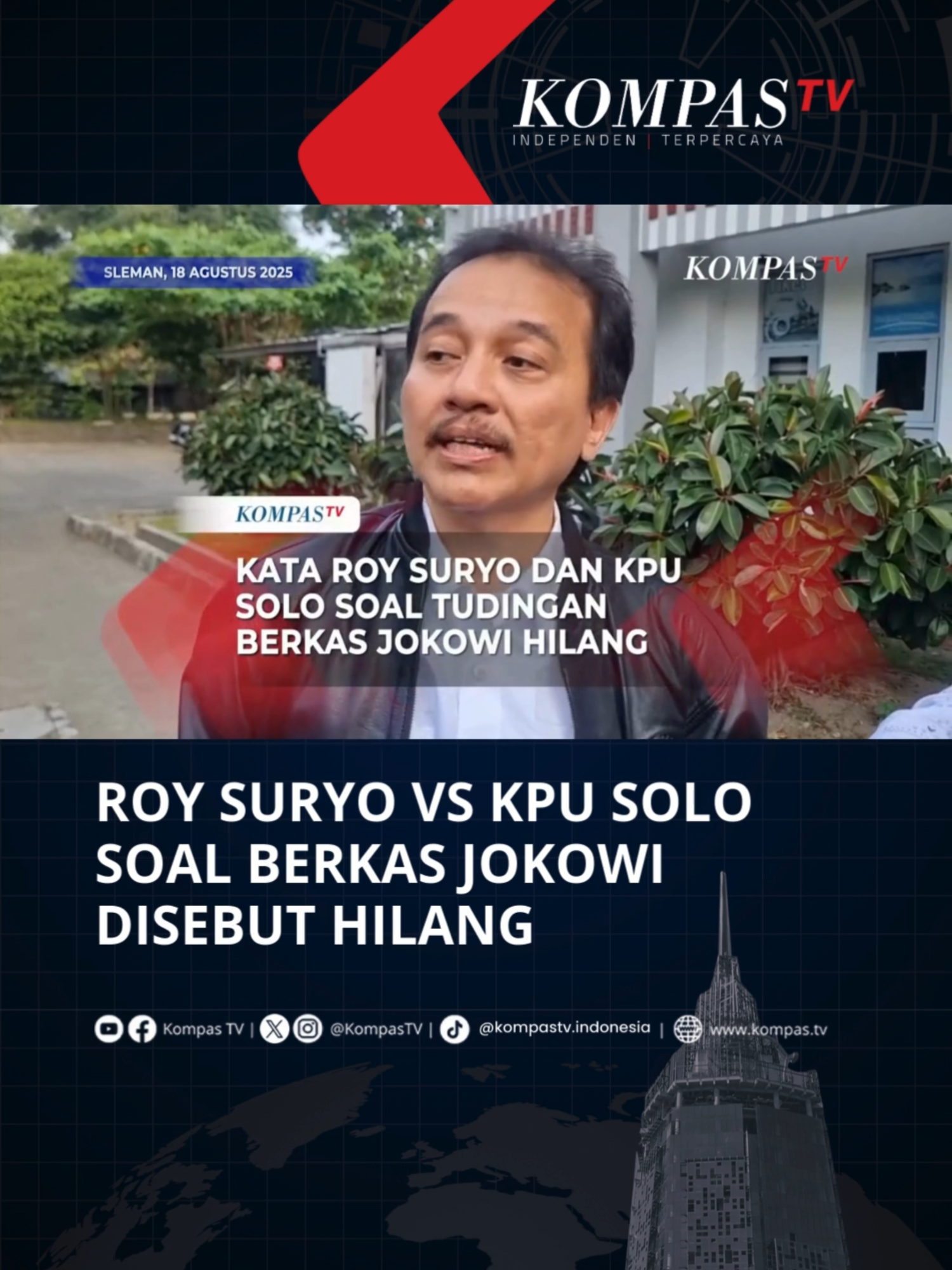Penuding ijazah palsu Jokowi, Roy Suryo mengatakan bahwa berkas pencalonan Presiden ke-7 RI, Joko Widodo hilang di KPU Solo dan Jakarta saat ditemui pada Senin, (18/8/2025). Sementara itu, Ketua KPU Kota Solo, Yustinus Arya Artheswara membantah tudingan Roy Suryo yang mengatakan berkas Jokowi tidak ada. Tuliskan komentarmu dan dapatkan berita terkini lainnya di www.kompas.tv serta youtube.com/kompastv #TikTokBerita