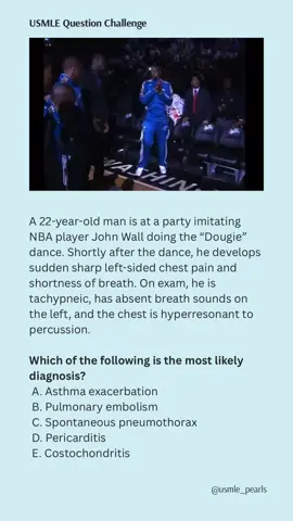 📌 A 22-year-old man is at a party imitating John Wall doing the Dougie when he suddenly develops chest pain and shortness of breath. What’s your diagnosis? Shout out to the goat John wall. Congrats on your retirement 🐐 #USMLE #Step2CK #Step1 #NBME #MedicalSchool #MedStudent #MedLife #ResidencyPrep #BoardPrep #ClinicalKnowledge #FutureDoctor #DoctorInTraining #StudyGram #MedSchoolJourney #FutureMD #MedInspo #NBA #Basketball #JohnWall #Wizards #NBALife #NBATikTok #Hoops