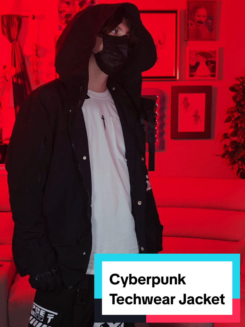 @niepceinc Cyberpunk Techwear Jacket 🔥🥷 This streetwear jacket is stylish sporting Japanese kanji lettering and a removable hood. The entire outfit which includes the jacket, techwear tee, gloves, cargo joggers, and ninja shoes is linked in the orange shopping cart! Get yours today! 🛒🥷🔥 #mensfashion #techwear #jacket #cyberpunk #ninja 