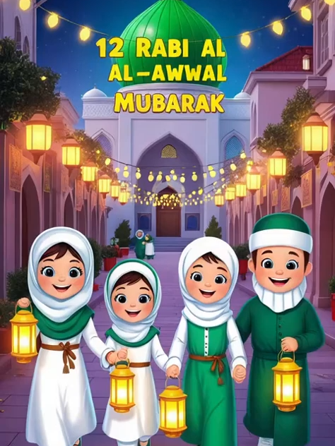 🌙 12 Rabi-ul-Awwal Mubarak - Cute Cartoon Family with Lanterns 🕌✨ #bedtimetraditions