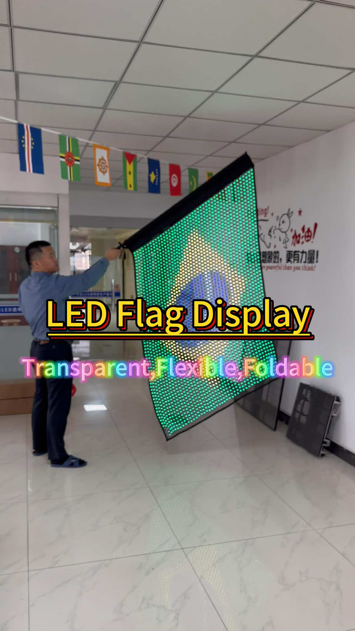 This is latest technology LED flag display screen Transparent, flexible, foldable Lightweight and portable No power required Play animated videos and pictures AutoPlay video #LEDflagdisplay  #flexibleLEDdisplay  #flexibledisplay  #leddisplay  #LEDscreen 