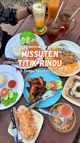 di gombong ada cafe dan resto yang tempatnya estetik makanannya enak dan murah mulai dari 12 ribuan! Missuten Titik Rindu Cafe dan Resto  tempatnya luas dan nyaman banget, harga makanan disini juga murah-murah mulai 12 ribuan kita sudah dapat paket nasi, lauk, sambal, lalapan dan es teh atau teh hangat. nih aku spill menu-menu best seller disini ada paket nasi ayam geprek, ayamnya besar dan sambalnya pedes nampol ada juga paket ayam bakar nih, ayam bakarnya manis matang sempurna di cocol sambalnya makin mantep nih next kita cobain iga bakarnya, porsinya banyak daging iganya lembut dan rasanya enak guys nasi gorengnya juga enak, rasanya rumahan banget aku suka banget ini snacknya ada dimsum, roti bakar mozarella dan roti bakar pisang roti bakar mozarellanya enak nih, rasanya gurih dan asin enak banget roti bakar pisangnya juga enak, pisang coklatnya berasa disini juga bisa untuk venue acara engangement, wedding atau acara lain tanpa ada biaya sewa tempat. cukup bayar biaya pelayanan dan komsumsi sudah bisa reservasi venue dan sudah include sound system. menu makanannya pun bisa request sesuai selera.  rekomended banget disini, makanannya murah dan enak, tempatnya juga luas dan nyaman. buat yang mau ke missuten, alamatnya ada di : 📍Jl Serayu Patemon Gombong Selatan Puri Adelia, Selatan Rel Kereta Api buka dari jam 10 pagi - 9 malam #kulinerkebumen #jajanankebumen #kulinergombong #jajanangombong #gombong    