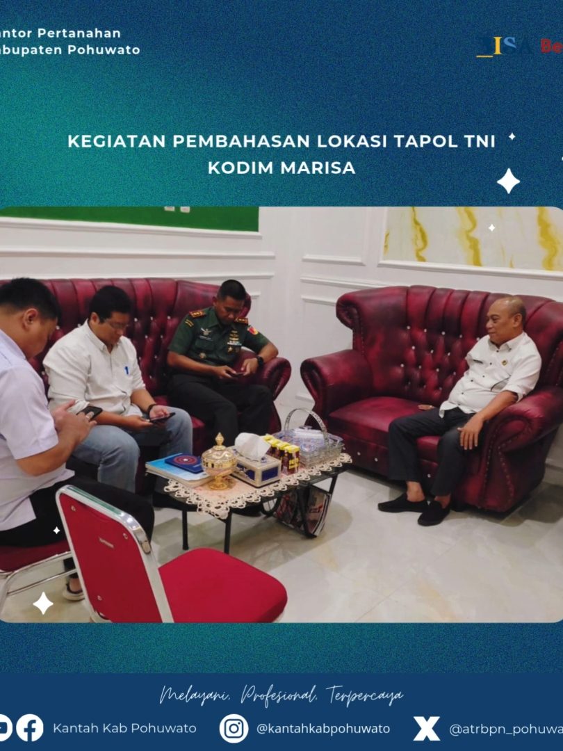 Halo #SobATRBPN Pohuwato Kegiatan Pembahasan lokasi Tapol TNI kodim Marisa bersama dengan Kepala Kantor Pertanahan bersama jajarannya. Lokasi tersebut masih akan diidentifikasi sesuai dengan ketentuan dan aturan yang berlaku dalam tahapan dokumen yuridisnya sehingga tidak terjadi simpang siur letak posisi lahan tersebut dan meminimalisir terjadinya konflik dengan warga. ------------------------------------------ Ayo follow, subscribe, like, share dan update informasi tentang Kantor Pertanahan Kabupaten Pohuwato melalui akun media sosial kami: Tw: @atrbpn_pohuwato IG: @kantabkabpohuwato YT: Kantah Kab Pohuwato FB : Kantah Kab Pohuwato ------------------------------------------ #MelayaniProfesionalTepercaya #GorontaloBISA #HulontaloMowaliOlo #DukungkamiWBK #ATRBPNMajudanModern