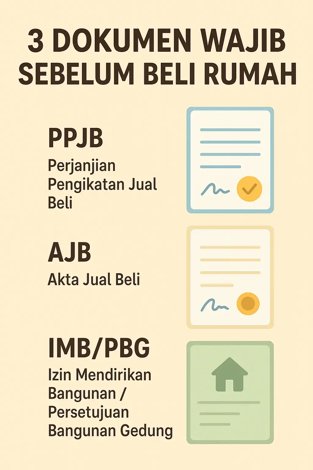 Sebelum tanda tangan apa pun, pastikan kamu punya 3 dokumen ini: ✅ PPJB (Perjanjian Pengikatan Jual Beli) → Bukti awal kesepakatan antara penjual dan pembeli sebelum AJB. Sifatnya sementara. Misal, saat mau akad kpr ternyata proses pengecekan sertifikat di BPN belum selesai. Maka, pada saat akad kpr diwajibkan utk ttd PPJB. Dan pembeli ttd AJB, saat proses pengecekan sertifikat di BPN telah selesai. ✅ AJB (Akta Jual Beli) → Dokumen resmi yang dibuat di hadapan PPAT sebagai bukti jual beli sah. ✅ IMB/PBG → Izin mendirikan bangunan (atau PBG versi terbaru) untuk memastikan bangunan legal.