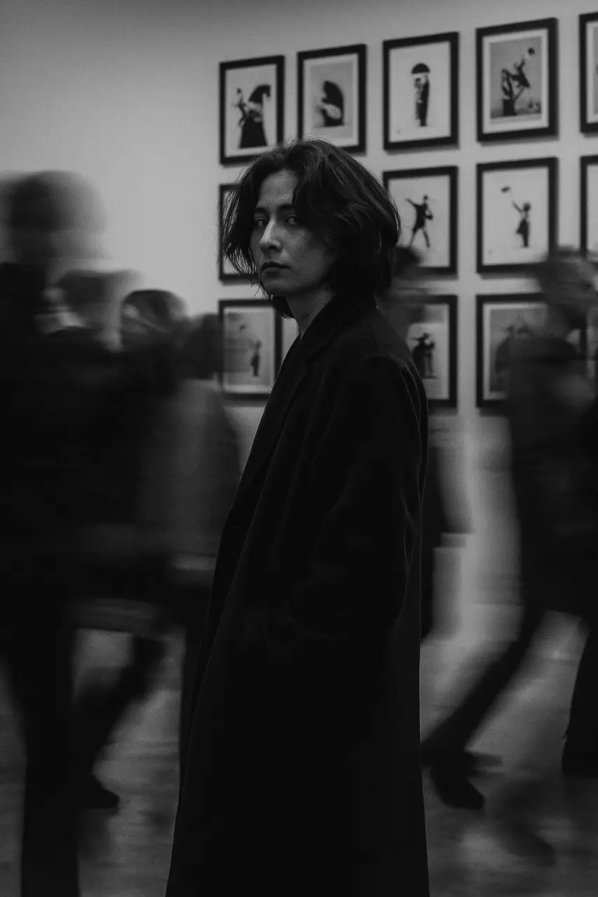 gabut iseng ambil hp terus  1. Buka Chat GPT 2. Upload foto di galeri 3. Gunakan prompt ini : A high-contrast black and white photo taken in a modern art gallery. The scene captures a candid, 