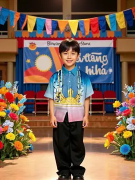 Blue Gradient Filipino Barong Kids Top Short Sleeve Black