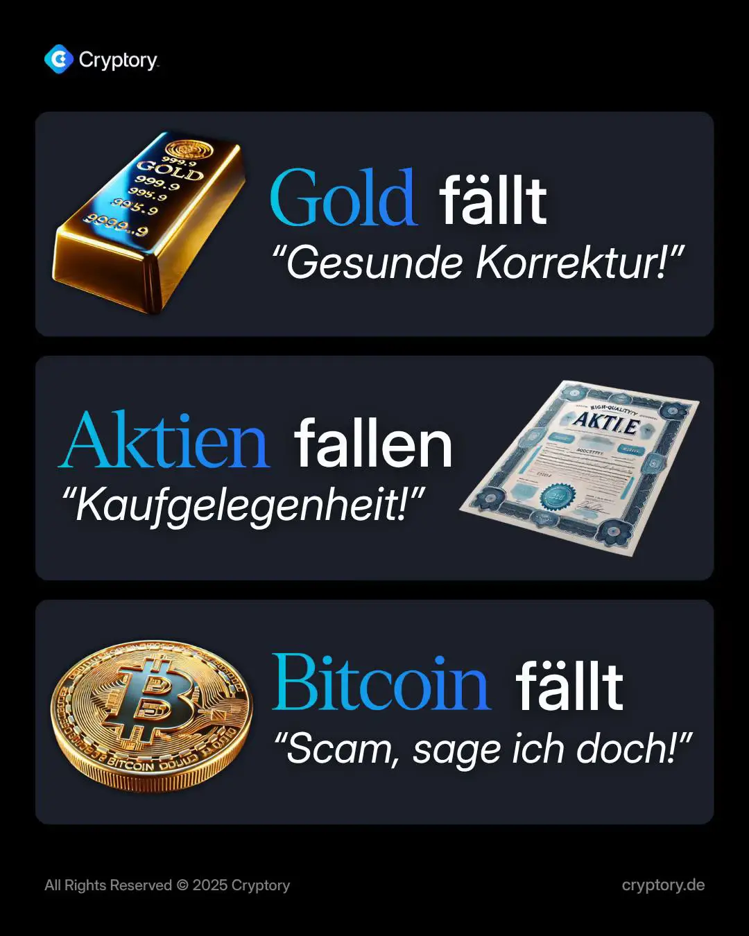 📉 Wenn Gold fällt: „Gesunde Korrektur!“ 📉 Wenn Aktien fallen: „Kaufgelegenheit!“ 📉 Wenn Bitcoin fällt: „Scam, hab ich doch gesagt!“ Das zeigt perfekt den kognitiven Bias vieler Menschen: ❗️ Bekanntes wird verteidigt, Neues wird verteufelt. ✅ Erfolgreiche Investoren wissen: Nicht die Emotion entscheidet, sondern die Fakten. Wer langfristig denkt, erkennt Chancen genau da, wo andere Panik sehen. Denkst du, Bitcoin wird immer noch unfair beurteilt? 💬 Schreib’s in die Kommentare!