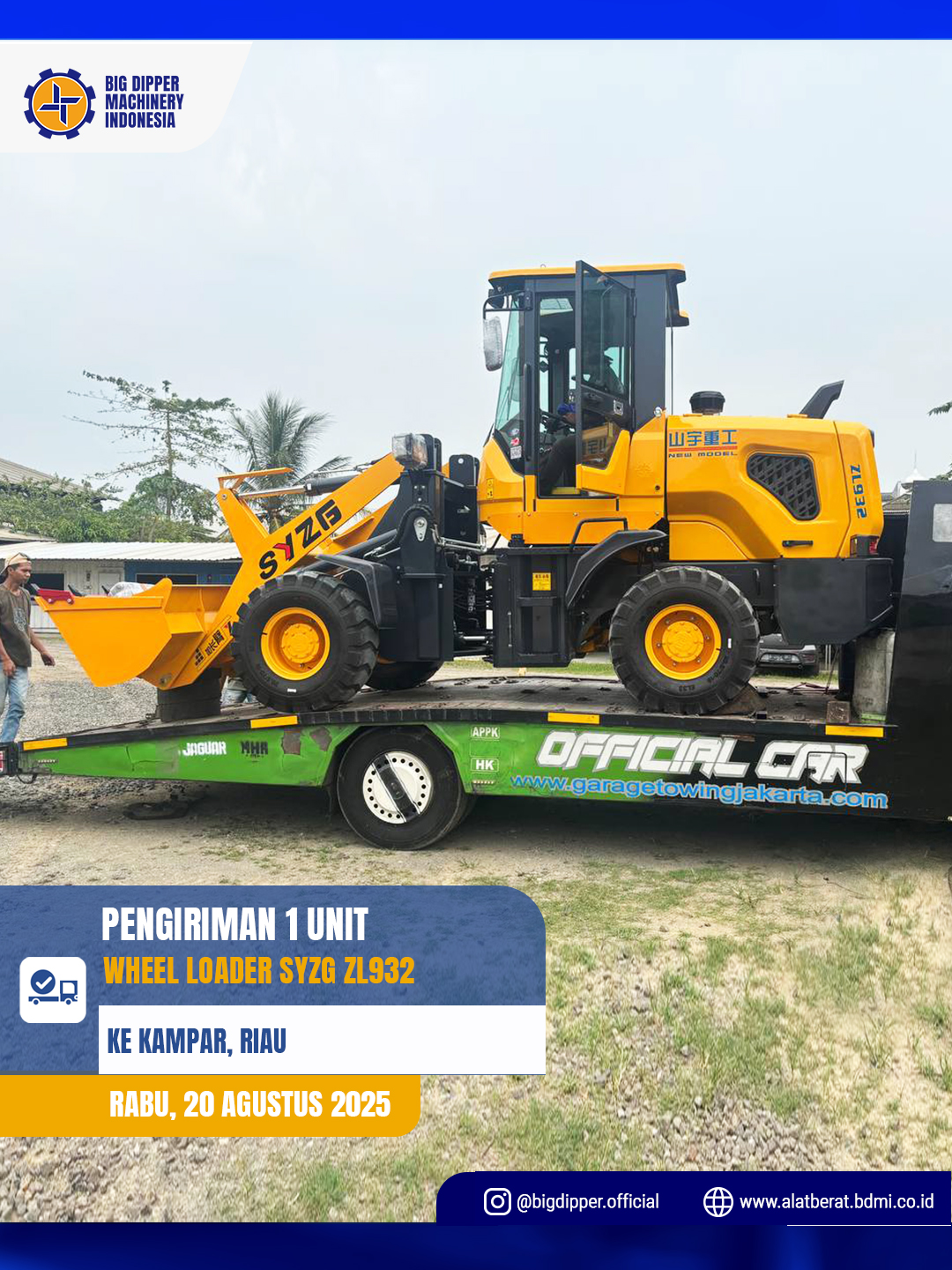 Pengiriman 1 unit Wheel Loader SYZG ZL932 ke Kampar, Riau. Terima kasih telah mempercayakan BDMI untuk kebutuhan alat berat Anda. Kami selalu siap mendukung proyek Anda di seluruh Indonesia! #PengirimanAlatBerat #BDMI #bigdipper #bigdippermachineryindonesia #wheelloader #syzg #alatberat #selfloadingmixerwithpum