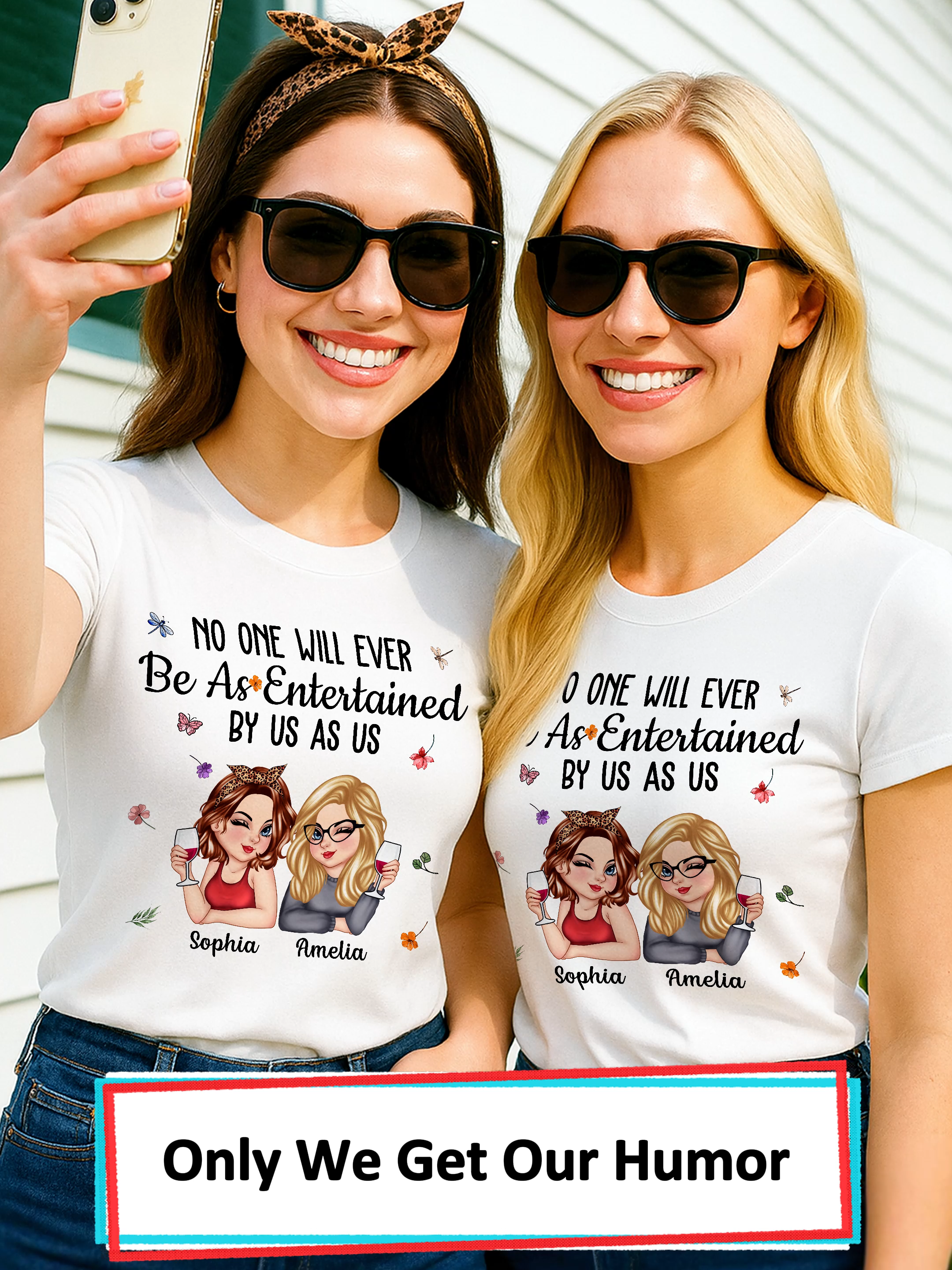 We wore these tees on our bestie getaway 🍷 Chillin’, laughing, and making memories that last #wanderprints #personalized #gifts #bestiegift #matchingoutfits