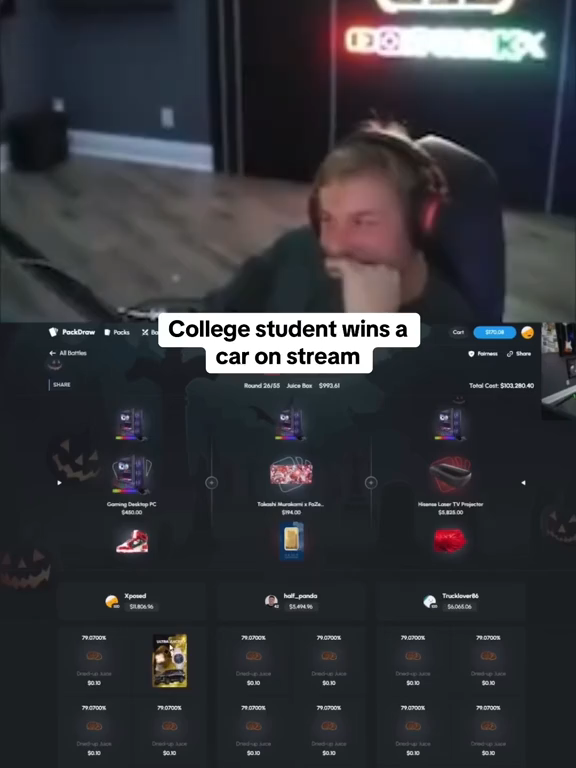 College student wins a car on stream #packdraw #fyp #epic #kick