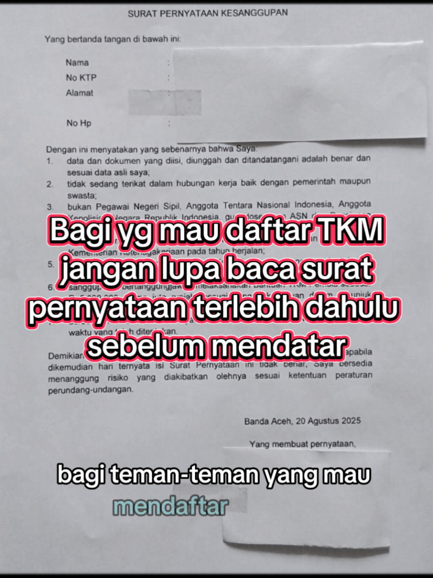 surat pernyataan TKM (Tenaga Kerja Mandiri).. semoga yang pada daftar keterima semua aamiiin. #tkm #siapkerja #disnaker @sorotan 