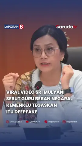 Kementerian Keuangan memberikan klarifikasi terkait video yang menampilkan Menteri Keuangan Sri Mulyani, yang disebut menyebut guru sebagai beban negara. Kepala Biro Komunikasi dan Layanan Informasi Kementerian Keuangan, Deni Surjantoro, membantah kebenaran video tersebut. Ia menyatakan bahwa video itu merupakan hasil rekayasa deepfake dan merupakan potongan tidak utuh dari pidato asli Menkeu. Menurut Deni, pidato tersebut disampaikan dalam forum Konvensi Sains, Teknologi, dan Industri Indonesia di Institut Teknologi Bandung (ITB) pada 7 Agustus lalu. Kementerian Keuangan menegaskan bahwa penyebaran video tersebut merupakan hoaks dan menyesatkan publik.  Caption | Admin: Farraa #SriMulyani #KementerianKeuangan #Deepfake #BeritaHoaks #GarudaTV #VideoHoax #BantahanKemenkeu