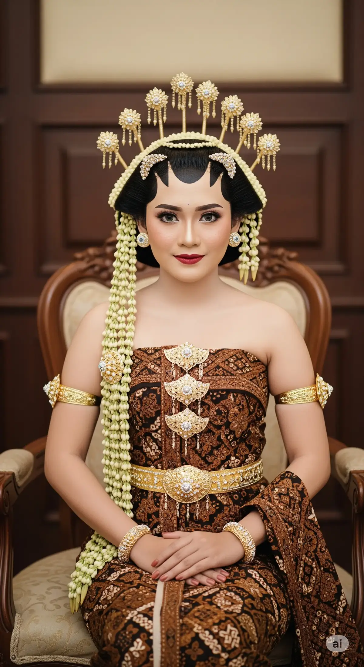 AI Prompt: A highly detailed, realistic vertical 9:16 cinematic portrait of a Javanese bride in Paes Ageng Solo Basahan traditional attire, seated gracefully on a carved wooden chair.   The bride has elegant Javanese facial features, smooth fair skin, and a calm dignified expression. Her hair is styled in the classic Paes Ageng Solo bun, adorned with paes (forehead decoration), fresh jasmine garlands, and a golden crown (siger) with intricate detailing.   She wears a luxurious kemben (traditional strapless batik cloth) in brown-and-gold batik motif, with a long batik kain wrapping her lower body, tied neatly at the waist. Across her chest drapes a traditional golden cinde shawl. She is accessorized with traditional Javanese jewelry: large golden earrings, layered necklaces, gelang (bracelets), and a pending (ornamental belt buckle).   Her makeup is traditional Javanese bridal style, with bold eyebrows, defined eyeliner, red lipstick, and a slightly powdered matte finish.   The background is an elegant indoor setting with dark wood panels and soft golden lighting, evoking a royal and ceremonial atmosphere. The photo has professional portrait sharpness, cinematic depth of field, soft warm tones, and a luxurious cultural aura.