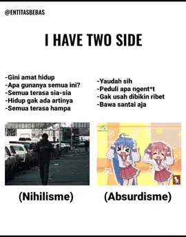 Antara mikirin arti hidup atau cuma bilang yaudah lah.  Oke, gue bikin penjelasan singkat tapi jelas biar gampang dipahami: Nihilisme: percaya bahwa hidup ini tidak punya makna, tujuan, atau nilai objektif. Semua hal (moral, agama, tujuan hidup) dianggap kosong dan cuma ilusi buatan manusia. Akibatnya, orang bisa merasa hampa, putus asa, atau kehilangan arah karena “apapun yang kita lakukan ujungnya sia-sia. Absurdisme: mengakui bahwa hidup memang tidak punya makna bawaan. Tapi justru di situlah inti masalahnya: manusia selalu mencari makna, sementara dunia diam dan tidak memberi jawaban → inilah yang disebut absurd. #meme #filosofi #nihilism #absurdism #philosophy 