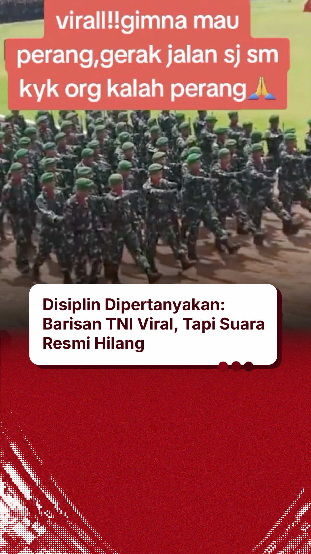 Video barisan TNI amburadul ini viral di media sosial dan jadi bahan perbincangan publik. Banyak yang mempertanyakan: di mana disiplin yang selama ini jadi citra TNI? Lebih ironisnya, sampai hari ini belum ada klarifikasi resmi. Padahal, keheningan justru memunculkan spekulasi dan merusak kepercayaan. Sebagai institusi besar, TNI wajib transparan. Disiplin bukan hanya soal baris-berbaris, tapi juga soal berani memberi penjelasan. 👉 Publik berhak tahu. TNI harus buka suara. #TNI #Disiplin #BarisanTNI #TNIIndonesia #klarifikasi 