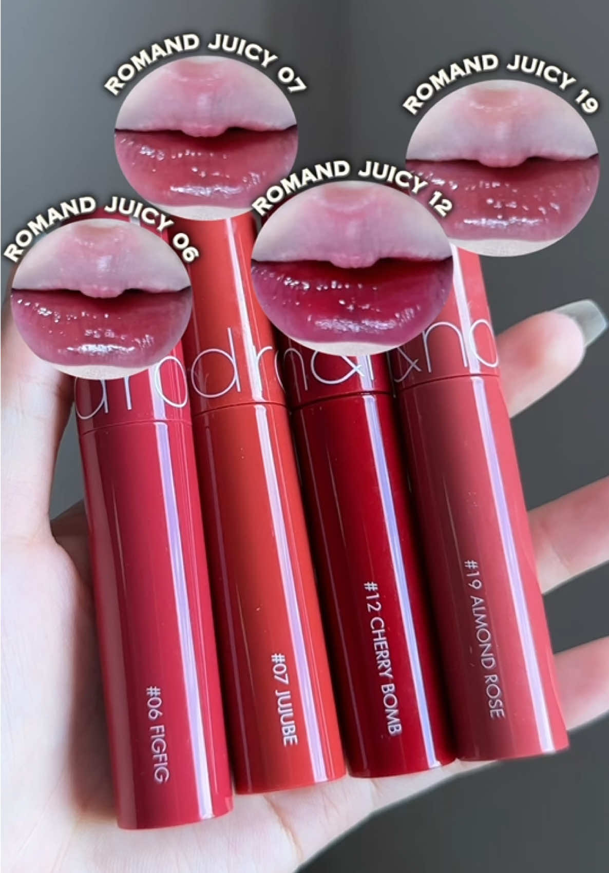 4 màu son bóng tone hồng siu dễ dùng của Romand mà bbi nên coá !! 🍓🍇✨ #romandjuicylastingtint #goclamdep #reviewson #swatchson #lolimeo 