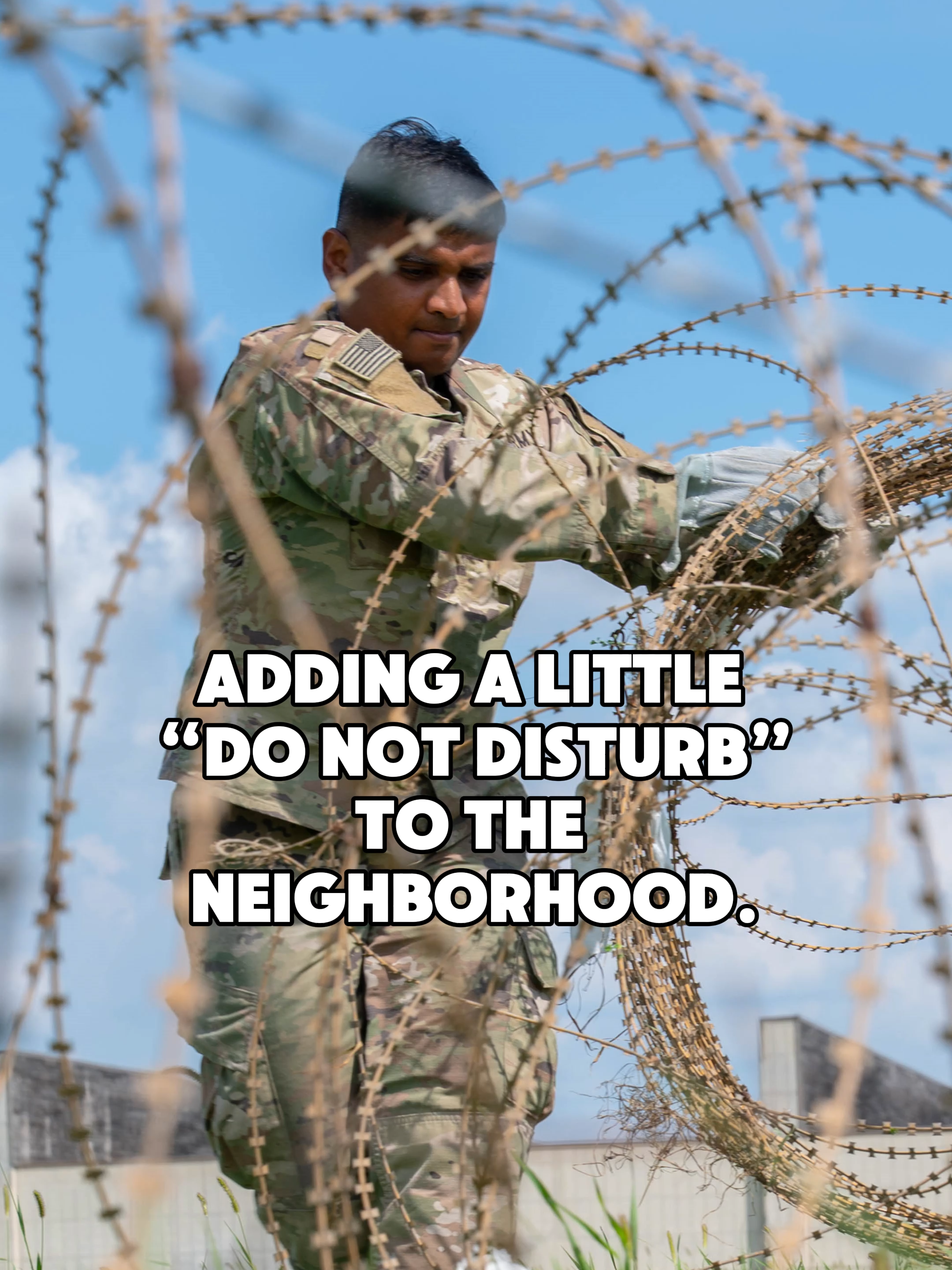 Security level: expert mode. Sometimes a polite “keep out” sign just isn’t enough, so you have to get a bit more creative (and a lot more spiky). Our soldier is out here redefining curb appeal—military style—one roll of concertina wire at a time. Because let’s be honest, HOA fines are the least of your problems when you’re defending an outpost. Who knew fortifying the perimeter could be such a statement piece? Talk about setting boundaries the old-fashioned way. Moral of the story: If you can’t build a white picket fence, go with the next best thing—one that really makes visitors think twice. #wire #army #soldier #meme #security