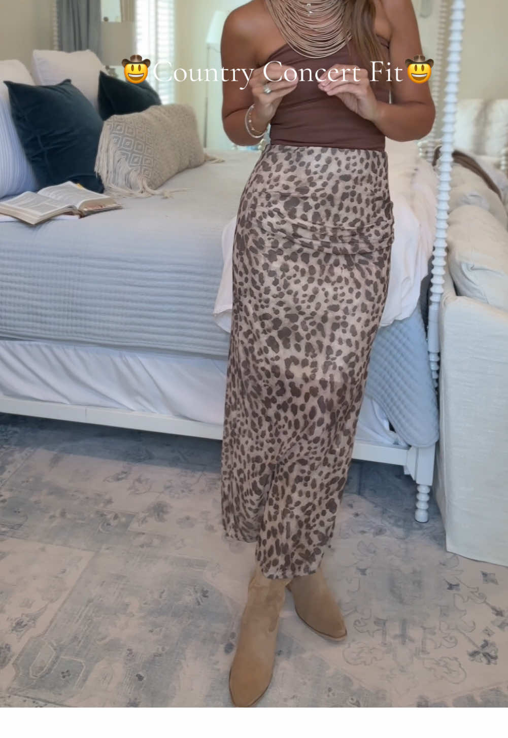 This leopard skirt is a NEED! 🐆✨ The fit is so fun + comfy — no zippers, just the perfect stretch with ruching that flatters and gives a confidence boost 🙌. Style it a million ways: dress it up or down, it just works. A must-have for your fall wardrobe 🍂🤎. Trust me, you won’t regret this one!” #leopard #leopardskirt #skirt #countryconcertoutfit #outfitinspo #affordablefashion #fallfashion #maxiskirt #ruching #flattering #fall 