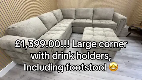 Large corner unit available in tan sand or light grey, including drink holders and footstool for just £1,399.00!!! #sofas #cornersofa#drinkholder #stokeontrentshops
