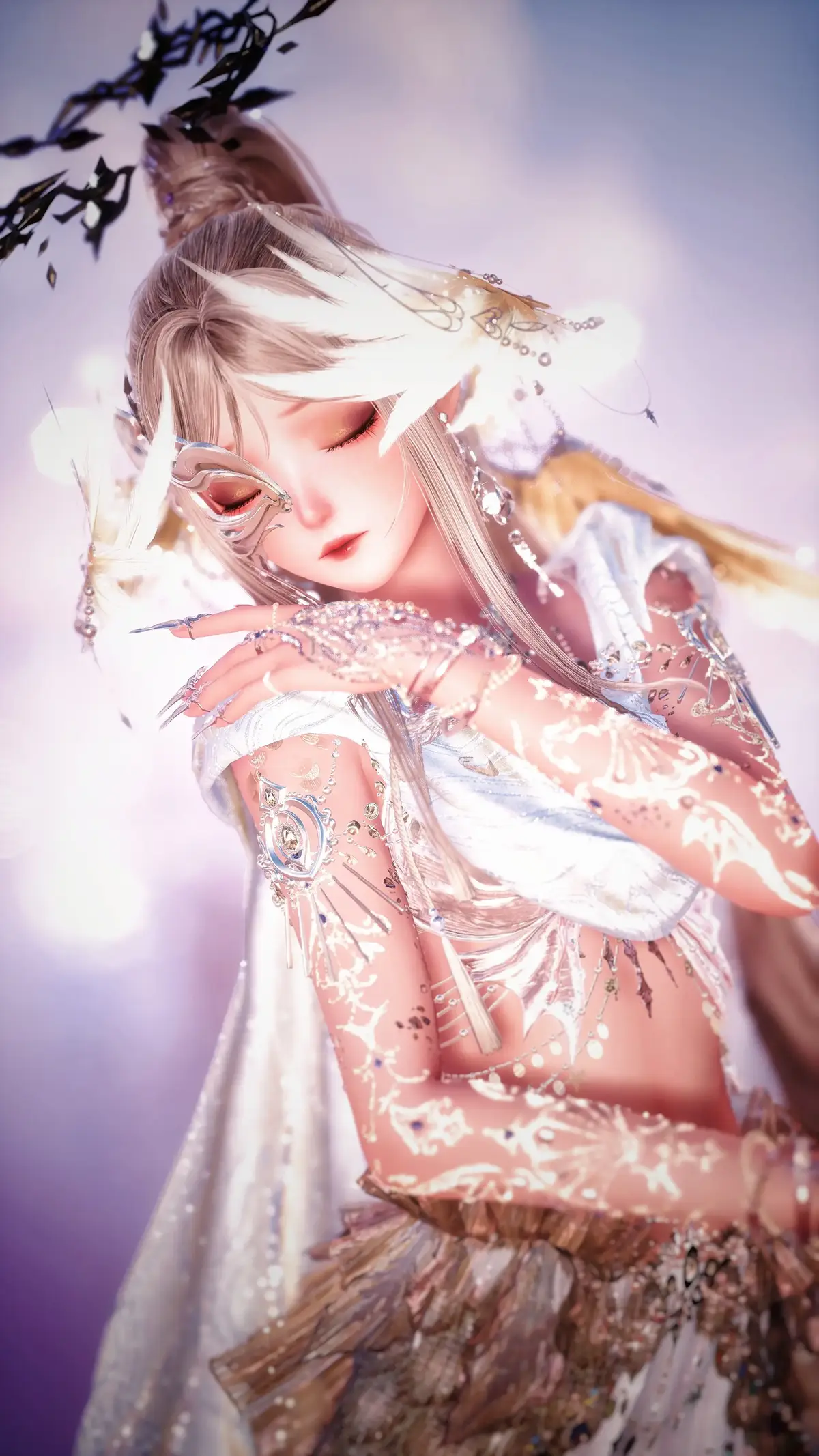 Had to take some celestial photos with the new items!🪽 Also, the halo is golden but for some reason it looks super dark here (⋟﹏⋞) #infinitynikki #infinitynikkigame #cozygames #gamephotography #fyp 