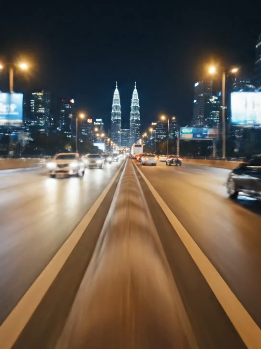 Scene 1: A high-speed FPV drone shot racing low along DUKE Highway at night, hyperrealistic HDR visuals, neon reflections glowing on the wet asphalt, Petronas Towers faintly visible in the skyline. Camera begins from above the center divider, descending fast.  Scene 2: The camera dives in closer, weaving tightly between multiple fast-moving cars, headlights flaring and streaking past the lens, hyper-cinematic motion blur, aggressive yet smooth FPV energy. The cars feel close and immersive, just meters away, no empty gaps.  Scene 3: The drone speeds past a bus and swings low under a truck’s trailer for dramatic effect, before pulling up rapidly to reveal the vast Kuala Lumpur skyline in the distance, KLCC towers glowing bright. Ultra cinematic, 4K UHD, crystal clear, hyperrealistic. #KualaLumpur #CinematicAI #FloodedCity #PetronasTowers #Hyperrealism #FPVdrone #NeonCity #AIVideo