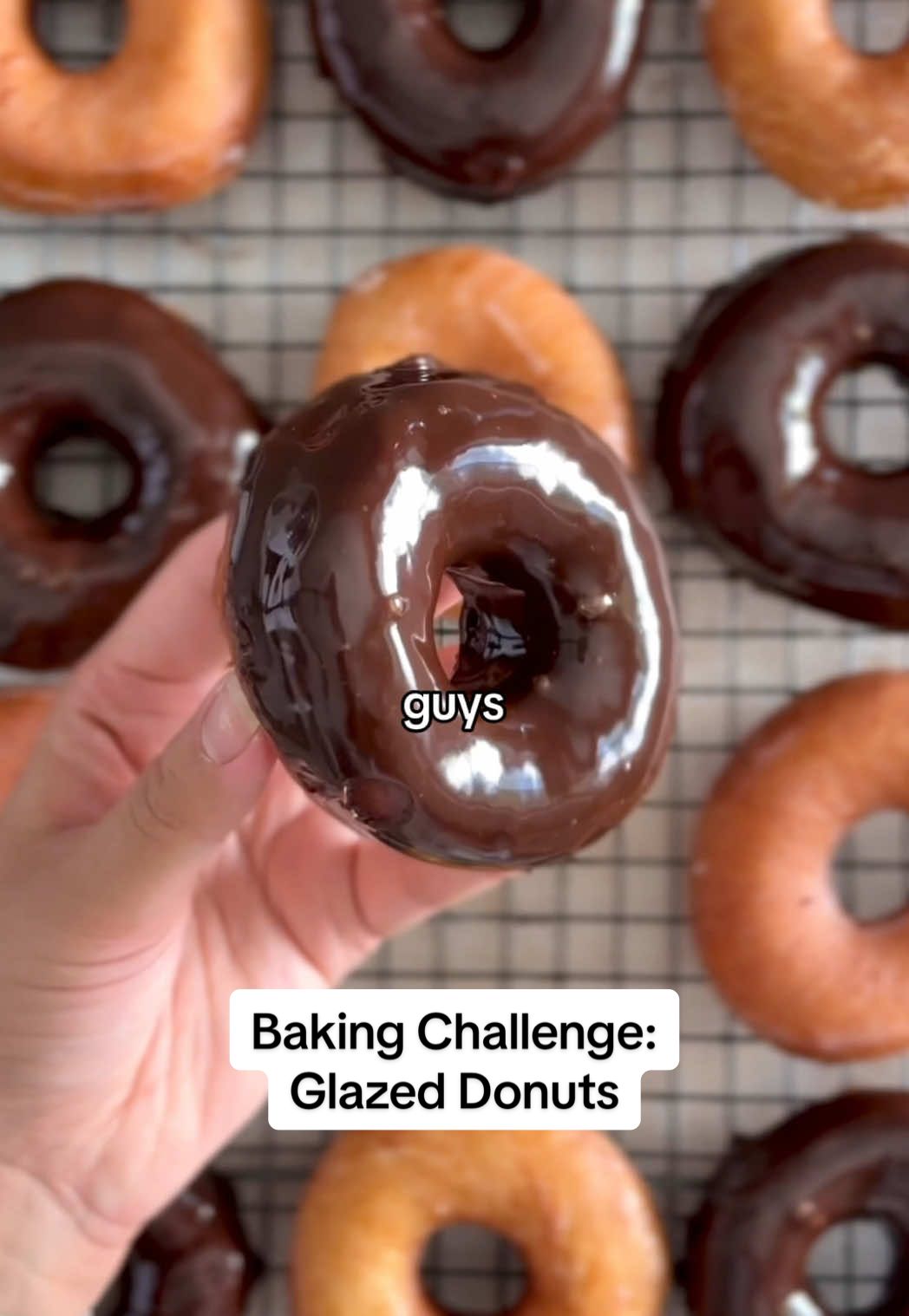 Day 6/30: The Donuts of my dreams! Can’t believe I made these because LOOK AT THEM 🥹 I’ll work on a detailed recipe for you guys but in the meanwhile here’s the quick version 🫶🏻 GLAZED DONUTS RECIPE (~24 donuts) Dough: ½ cup warm milk ¼ cup warm water 4 tsp instant yeast ⅓ cup sugar 4½ cups flour 4 eggs 2 tsp salt 10 tbsp unsalted butter, softened 1 tsp vanilla Vanilla Glaze: 2 cups powdered sugar ⅓ cup milk ½ tsp vanilla pinch of salt Chocolate Glaze: 6 oz semi-sweet chocolate ½ cup heavy cream 1 tbsp butter 1 tsp corn syrup (optional) pinch of salt Steps: 1️⃣ Mix milk, water, yeast, sugar, eggs & vanilla. Add flour & salt, knead into a rough dough 2️⃣ Knead in butter for 6-10 minutes until smooth & elastic  3️⃣ Let rise 60–90 min until doubled 4️⃣ Roll to ½” thick → cut donuts & holes gently.  Repeat until all the dough is used up. Let rise 20–30 min. Don’t leave near hot oil! 5️⃣ Heat oil to 350°F. Fry donuts 60–90 sec per side. Drain. 6️⃣ Make glazes: whisk vanilla ingredients. For chocolate, heat cream → pour over chocolate + butter + corn syrup 7️⃣ Dip warm donuts & holes into glaze → let set, then serve and enjoy Best eaten fresh 🫶🏻 #donuts #glazeddonuts#donutsykreme #donutrecipe 