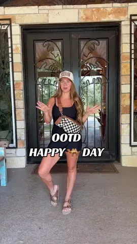 Cute and simple fit for the day! #OOTD #RibbedRomper #TruckerHat #LeatherSandals #CheckeredCrossbody 