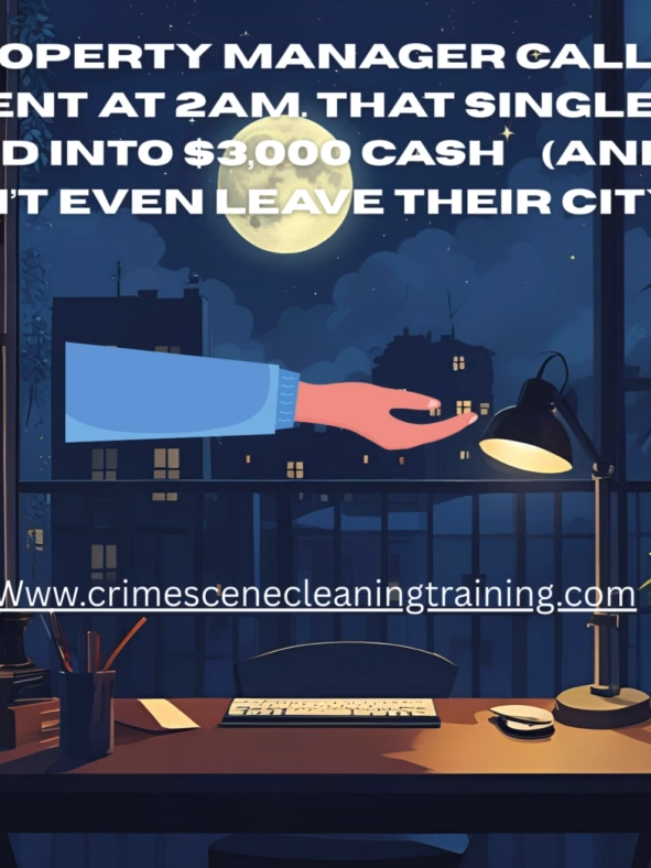 📞 A property manager called one of our students at 2am… and that single call turned into $3,000 cash 💵 (without even leaving their city). 👇👇 That’s the power of being in a recession-proof industry with services that are always in demand. 🚀 Ready to start your own success story? 👉 www.crimescenecleaningtraining.com
