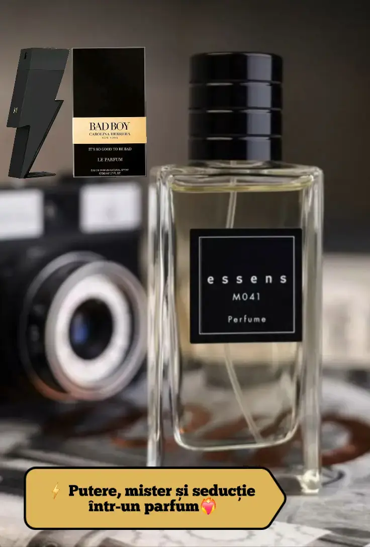 ⚡️ Putere, mister și seducție într-un parfum. Parfumul ESSENS inspirat din Bad Boy combină notele picante de piper cu prospețimea bergamotei și adaugă tonka și cacao pentru un final irezistibil. Este parfumul bărbatului sigur pe el, carismatic și de neuitat. 💎 📩 Comandă acum și descoperă aroma care atrage toate privirile!